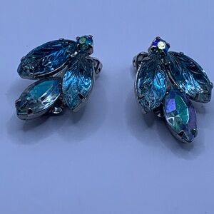 Vintage Julianna Aqua Blue Crystal Leaf Cluster Earrings